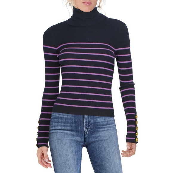 A.L.C. Womens Button Detail Striped Shirt Turtleneck Sweater - Picture 3 of 5